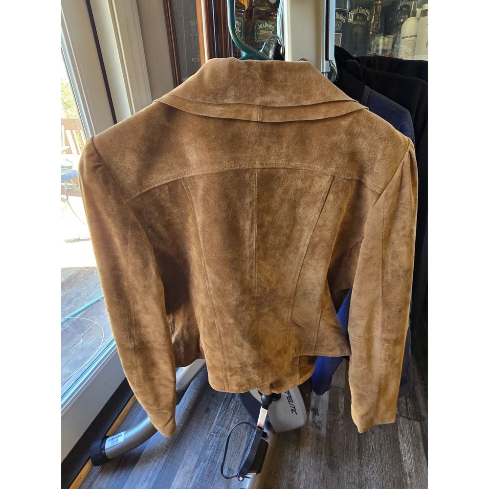 Boston Proper Brown Leather Ruffle Button Jacket Lined Size 8 MPN 83952 - Picture 3 of 8